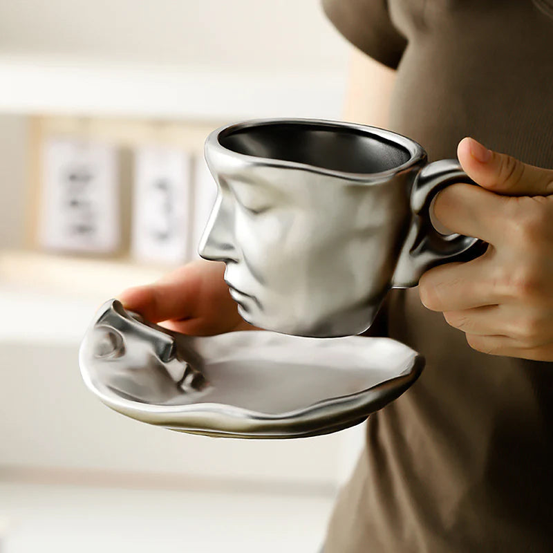 Metal Touching Face Creative Ceramic Kiss Coffee Cup, Artistic Vibe Mug & Saucer Set