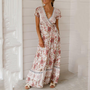 New Bohemian Big Pendulum V-Neck Beach Holiday Tie Printing Maxi Dresses.MC