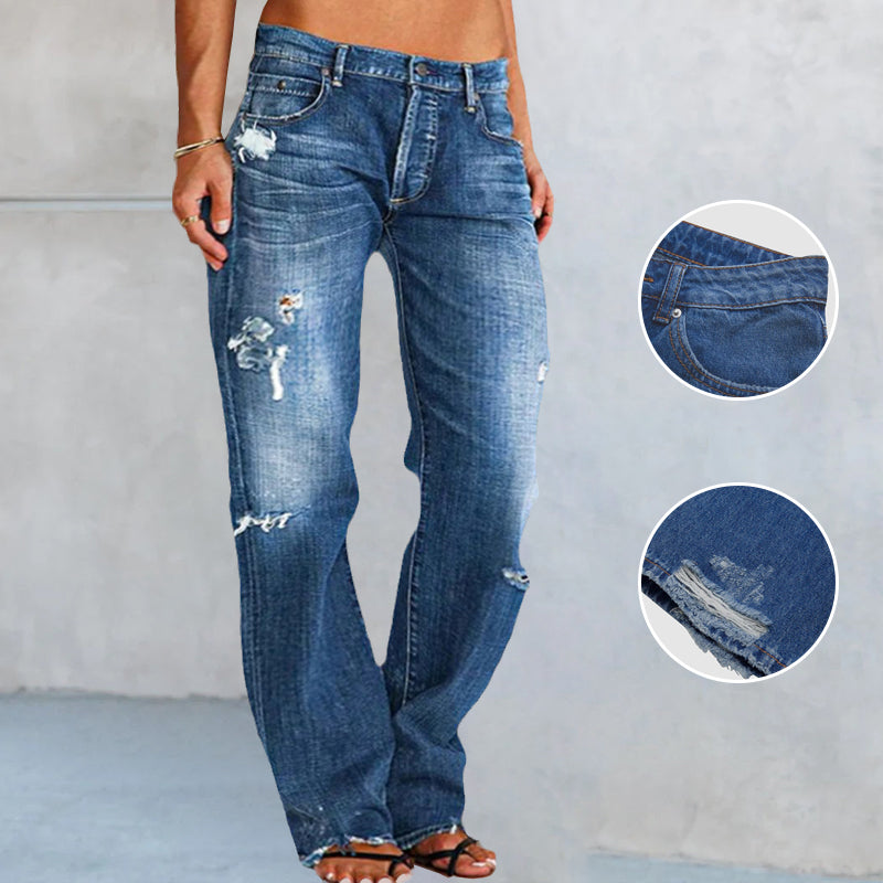 Ripped Low Waist Straight Leg Jeans